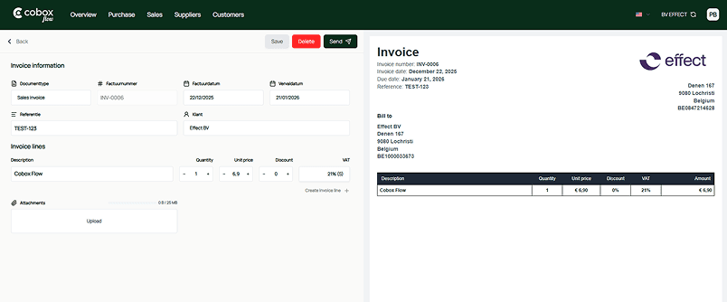 Screenshot van factuur aanmaken pagina